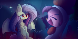 Size: 2550x1300 | Tagged: safe, artist:miryelis, derpibooru import, fluttershy, pinkie pie, bat pony, earth pony, pegasus, pony, animal costume, bat ponified, chicken suit, clothes, costume, female, flutterbat, halloween, halloween costume, holiday, long hair, mare, mlp fim's twelfth anniversary, race swap, red eyes, scared, spread wings, stars, tree, wings