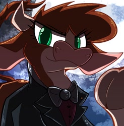 Size: 1000x1018 | Tagged: safe, artist:malachimoet, derpibooru import, arizona cow, cow, them's fightin' herds, bowtie, clothes, cloven hooves, community related, female, looking at you, solo, suit