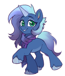 Size: 824x970 | Tagged: safe, artist:jewellier, derpibooru import, oc, oc only, oc:cyanite star, pony, unicorn, clothes, looking at you, oda 1997, oda 997, scarf, simple background, solo, unshorn fetlocks, white background