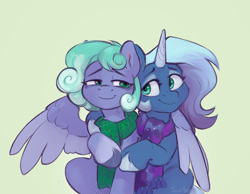 Size: 1248x970 | Tagged: safe, artist:jewellier, derpibooru import, oc, oc only, oc:cyanite star, oc:sea (oda 1997), pony, unicorn, clothes, duo, duo female, female, g5 oc, hug, looking at each other, looking at someone, looking at you, mare, oda 1997, oda 997, scarf, simple background, unshorn fetlocks, white background, winghug, wings