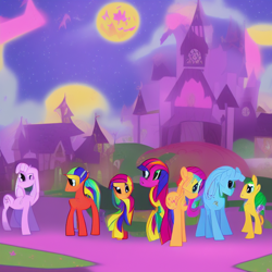 Size: 640x640 | Tagged: safe, derpibooru import, machine learning generated, castle, mlp fim's twelfth anniversary, moon, night