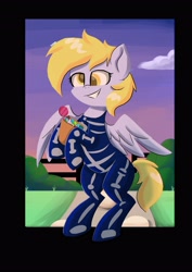 Size: 2896x4096 | Tagged: safe, artist:skylinepony_, derpibooru import, derpy hooves, pegasus, pony, g4, bipedal, candy, clothes, costume, female, food, grin, halloween, halloween costume, high res, hoof hold, mare, smiling, solo