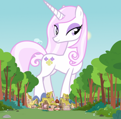 Size: 1280x1262 | Tagged: safe, derpibooru import, fleur-de-lis, pony, unicorn, g4, cute, female, giant pony, giant unicorn, giantess, houses, looking at you, macro, mare, mega giant, mountain, ponyville, ponyville town hall, smiling, solo, tree