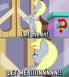 Size: 320x360 | Tagged: safe, derpibooru import, edit, edited screencap, screencap, derpy hooves, pegasus, pony, a trivial pursuit, season 9, spoiler:s09, bubble butt, butt, caption, derpy being derpy, door, female, image macro, let me in, mare, meme, meme template, plot, solo, text, the eric andre show