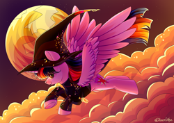 Size: 3536x2500 | Tagged: safe, artist:neonishe, derpibooru import, twilight sparkle, twilight sparkle (alicorn), alicorn, pony, g4, clothes, cloud, cute, flying, hat, mlp fim's twelfth anniversary, moon, solo, witch hat