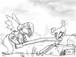 Size: 4000x3000 | Tagged: safe, artist:captainhoers, derpibooru import, oc, oc only, dog, pegasus, pony, female, glasses, goggles on head, grayscale, grin, mare, monochrome, post-apocalyptic, smiling, spread wings, tail, tail wag, tank (vehicle), wings