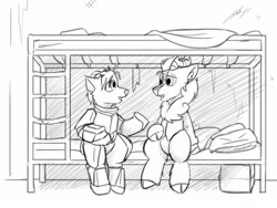 Size: 4000x3000 | Tagged: safe, artist:captainhoers, derpibooru import, oc, oc only, oc:ash (captainhoers), oc:rowan, kirin, bunk bed, cloven hooves, duo, grayscale, kirin oc, monochrome, sitting