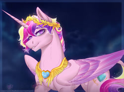 Size: 1280x959 | Tagged: safe, artist:copshop, derpibooru import, prince bolero, princess cadance, alicorn, pony, crown, jewelry, laurel wreath, looking at you, male, regalia, rule 63, smiling, smiling at you, solo, stallion