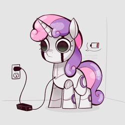 Size: 1807x1807 | Tagged: safe, artist:syrupyyy, derpibooru import, sweetie belle, sweetie bot, pony, robot, robot pony, unicorn, charging, female, filly, foal, ponytober, solo, thousand yard stare