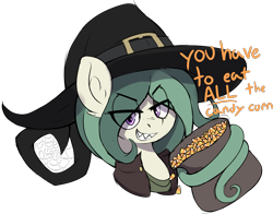 Size: 3559x2795 | Tagged: safe, artist:czu, derpibooru import, oc, oc:coven, earth pony, pony, bust, candy, candy corn, eye clipping through hair, food, hat, prehensile mane, sharp teeth, simple background, smug, talking to viewer, teeth, text, transparent background, witch, witch hat, you have to eat all the eggs