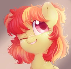 Size: 932x903 | Tagged: safe, artist:melodylibris, derpibooru import, oc, oc only, earth pony, pony, bust, cute, female, freckles, grin, looking up, mare, ocbetes, one eye closed, shoulder freckles, smiling, solo
