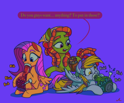 Size: 6895x5700 | Tagged: safe, artist:docwario, derpibooru import, derpy hooves, fluttershy, tree hugger, earth pony, pegasus, pony, bong, bubble, cute, derpabetes, drugs, female, fluttober, jar, lying down, mare, marijuana, open mouth, prone, purple background, raised hoof, raised leg, shyabetes, simple background, sitting, tree stoner, trio, you're doing it wrong