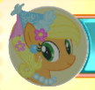 Size: 108x102 | Tagged: safe, derpibooru import, applejack, earth pony, pony, applejack also dresses in style, clothes, dress, ear piercing, flower, flower in hair, froufrou glittery lacy outfit, gameloft, happy, hat, hennin, jewelry, looking at you, necklace, piercing, princess, princess applejack, smiling