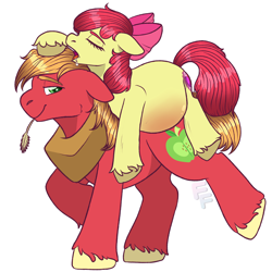 Size: 3000x3000 | Tagged: safe, artist:ponykittenboi, derpibooru exclusive, derpibooru import, apple bloom, big macintosh, earth pony, pony, g4, apple bloom riding big macintosh, apple bloom's bow, belly, belly blush, big belly, big macintosh's yoke, bow, brother and sister, drool, eyes closed, female, filly, foal, hair bow, horse collar, implied foalcon, lidded eyes, looking back, male, not shipping, open mouth, pregbloom, pregnant, pregnant apple bloom, pregnant foal, raised leg, siblings, signature, simple background, sleeping, smiling, stallion, straw, straw in mouth, unshorn fetlocks, walking, watermark, white background