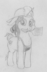 Size: 1357x2064 | Tagged: safe, artist:wapamario63, fresh coat, pony, unicorn, cap, clothes, cute, female, hat, looking at you, mare, monochrome, paint brush, sketch, solo, traditional art