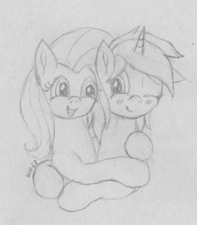 Size: 1609x1840 | Tagged: safe, artist:wapamario63, fluttershy, oc, oc:wapa viddter, pegasus, pony, unicorn, blushing, cute, duo, female, happy, hug, looking at each other, mare, monochrome, one eye closed, open mouth, sketch, traditional art