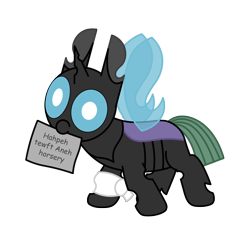 Size: 3000x3000 | Tagged: safe, artist:theunidentifiedchangeling, derpibooru import, oc, oc:[unidentified], changeling, armband, buggo, changeling oc, cute, cuteling, derp, digital art, foal, horn, intentional spelling error, mlp fim's twelfth anniversary, mouth hold, paper, simple background, solo, spread wings, transparent background, wings