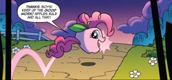 Size: 1334x622 | Tagged: safe, artist:tonyfleecs, derpibooru import, idw, pinkie pie, living apple, g4, night of the living apples, spoiler:comic, apple, apple pinkie, dialogue, female, food, food transformation, inanimate tf, out of context, solo, transformation