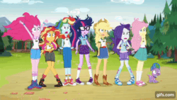 Size: 640x360 | Tagged: safe, derpibooru import, screencap, applejack, fluttershy, pinkie pie, rainbow dash, rarity, sci-twi, spike, sunset shimmer, twilight sparkle, human, equestria girls, legend of everfree, animated, camp everfree outfits, converse, faint, gif, gifs.com, humane five, humane seven, humane six, seriously, shoes