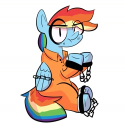 Size: 1847x1847 | Tagged: safe, artist:eveeyuwu, derpibooru import, rainbow dash, pegasus, g4, bound wings, chained, chains, clothes, commission, commissioner:rainbowdash69, cuffed, female, grumpy, mare, never doubt rainbowdash69's involvement, prison outfit, prisoner rd, raised hoof, raised leg, simple background, solo, white background, wings