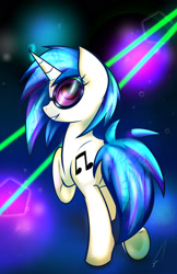 Size: 1024x1583 | Tagged: safe, artist:celliron, derpibooru import, dj pon-3, vinyl scratch, pony, unicorn, g4, abstract background, female, grin, looking at you, looking back, looking back at you, mare, music notes, raised hoof, raised leg, smiling, solo