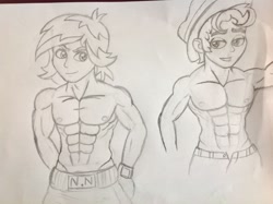 Size: 2592x1936 | Tagged: safe, artist:pokecure123, derpibooru import, normal norman, scott green, equestria girls, background human, boxing shorts, male, muscles, muscular male, pecs, traditional art