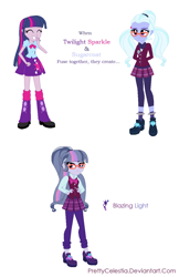 Size: 824x1268 | Tagged: safe, artist:prettycelestia, derpibooru import, sugarcoat, twilight sparkle, oc, oc:blazing light, human, equestria girls, bowtie, clothes, costume, four arms, fusion, ponytail, shadowbolts costume, simple background, white background