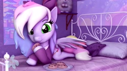 Size: 3840x2160 | Tagged: safe, artist:pastelsplashuwu, derpibooru import, oc, oc only, oc:blazey sketch, pegasus, pony, 3d, 3d model, bed, bedroom, bow, clothes, cookie, female, food, hair bow, high res, long mane, long tail, looking at you, lying down, mare, multicolored hair, plushie, purple background, simple background, small wings, smiling, smiling at you, solo, source filmmaker, sweater, tail, wings