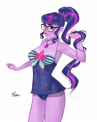 Size: 3200x4000 | Tagged: safe, artist:joe pekar, derpibooru import, part of a set, sci-twi, twilight sparkle, better together, equestria girls, forgotten friendship, bare shoulders, clothes, female, geode of telekinesis, glasses, high res, magical geodes, multiple variants, one-piece swimsuit, playing with hair, ponytail, sci-twi swimsuit, simple background, sleeveless, smiling, swimsuit