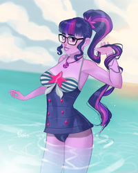 Size: 3200x4000 | Tagged: safe, alternate version, artist:joe pekar, derpibooru import, part of a set, sci-twi, twilight sparkle, equestria girls, equestria girls series, forgotten friendship, bare shoulders, clothes, female, geode of telekinesis, glasses, high res, looking at you, magical geodes, multiple variants, ocean, one-piece swimsuit, playing with hair, ponytail, sci-twi swimsuit, sleeveless, smiling, solo, swimsuit, water