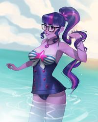 Size: 3200x4000 | Tagged: safe, alternate version, artist:joe pekar, derpibooru import, part of a set, sci-twi, twilight sparkle, equestria girls, equestria girls series, forgotten friendship, bare shoulders, clothes, female, geode of telekinesis, glasses, high res, looking at you, magical geodes, multiple variants, ocean, one-piece swimsuit, playing with hair, ponytail, sci-twi swimsuit, sleeveless, smiling, solo, swimsuit, water