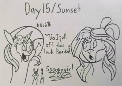 Size: 1826x1293 | Tagged: safe, artist:spoopygirl, derpibooru import, paprika paca, pom lamb, sunset shimmer, alpaca, sheep, them's fightin' herds, alternate hairstyle, community related, lineart, ponytober, ponytober 2022, signature, text, traditional art