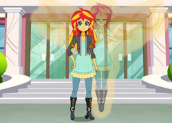 Size: 352x250 | Tagged: artist needed, safe, derpibooru import, sunset shimmer, human, equestria girls, boots, canterlot high, clothes, high heel boots, jacket, kisekae, pants, shirt, shoes, solo