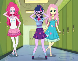 Size: 448x350 | Tagged: artist needed, safe, derpibooru import, fluttershy, pinkie pie, sci-twi, twilight sparkle, human, equestria girls, canterlot high, clothes, dress, glasses, hallway, kisekae, pants, sandals, shirt, shoes, skirt, socks, sweat, sweatdrop, trio