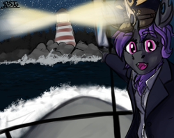 Size: 620x490 | Tagged: safe, artist:gradoge, derpibooru import, oc, oc only, oc:chrysi from blacksteel, anthro, changeling, hybrid, moth, mothling, original species, equestria at war mod, changeling oc, clothes, lighthouse, meme, purple changeling, submarine, this will not end well, uniform