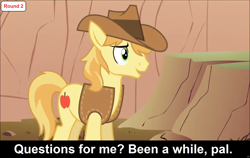 Size: 1920x1214 | Tagged: safe, derpibooru import, edit, edited screencap, screencap, braeburn, earth pony, pony, comic:celestia's servant interview, over a barrel, caption, clothes, cs captions, hat, image macro, interview, male, solo, stallion, text, vest