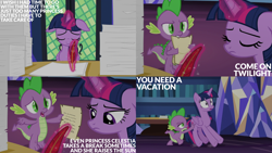 Size: 4400x2475 | Tagged: safe, derpibooru import, edit, edited screencap, editor:quoterific, screencap, spike, twilight sparkle, twilight sparkle (alicorn), alicorn, once upon a zeppelin, ears, floppy ears, quill, twilight's castle