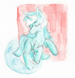 Size: 1920x1991 | Tagged: safe, artist:ploskostnost, derpibooru import, lyra heartstrings, pony, unicorn, eyes closed, sketch, solo, traditional art, watercolor painting