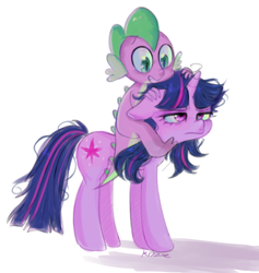 Size: 640x675 | Tagged: safe, artist:kreeeeeez, derpibooru import, spike, twilight sparkle, unicorn twilight, dragon, pony, unicorn, cute, dragons riding ponies, duo, duo male and female, ears, female, floppy ears, male, mare, messy mane, reddit, ride, riding, riding a pony, shadow, signature, simple background, spikabetes, spike riding twilight, tired, twiabetes, varying degrees of want, white background