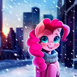 Size: 1024x1024 | Tagged: safe, derpibooru import, generator:purplesmart.ai, generator:stable diffusion, machine learning generated, pinkie pie, earth pony, pony, blushing, clothes, scarf, snow, snowfall, solo