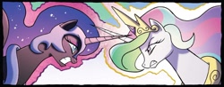 Size: 1334x525 | Tagged: safe, artist:tonyfleecs, derpibooru import, idw, nightmare moon, princess celestia, alicorn, pony, fiendship is magic, g4, spoiler:comic, crossed horns, duo, female, horn, horns are touching, mare