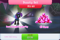 Size: 1275x857 | Tagged: safe, derpibooru import, rarity, changeling, bundle, changelingified, costs real money, english, female, gameloft, gem, horn, insect wings, mushroom, numbers, official, rariling, sale, solo, solo focus, species swap, text, wings