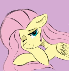 Size: 1745x1793 | Tagged: safe, artist:kusturbrick, derpibooru import, fluttershy, pegasus, pony, crossed hooves, ear fluff, ears, female, folded wings, looking at you, lying down, mare, one eye closed, pink background, simple background, smiling, solo, wings, wink, winking at you