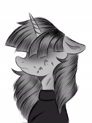 Size: 1536x2048 | Tagged: safe, artist:kusturbrick, derpibooru import, twilight sparkle, alicorn, clothes, dead inside, ears, female, floppy ears, hair covering face, hidden eyes, horn, mare, meme, monochrome, sad, scratches, simple background, solo, tokyo ghoul, white background