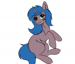 Size: 2001x1713 | Tagged: safe, artist:kusturbrick, derpibooru import, oc, oc only, oc:ldblue, bat pony, pony, unicorn, chest fluff, cute, ear fluff, ears, eyepatch, fangs, female, horn, looking sideways, mare, simple background, sitting, smiling, white background