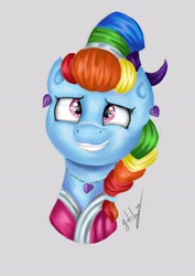 Size: 2480x3508 | Tagged: safe, artist:wolfcube333, derpibooru import, rainbow dash, pegasus, pony, alternate hairstyle, bust, female, grin, megaradash, portrait, simple background, smiling, solo