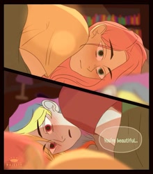 Size: 1175x1333 | Tagged: safe, artist:majestyyph, derpibooru import, fluttershy, rainbow dash, equestria girls, 2 panel comic, blushing, comic, eye clipping through hair, female, flutterdash, lesbian, lying down, shipping