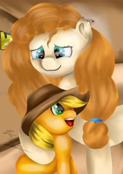 Size: 2480x3508 | Tagged: safe, artist:wolfcube333, derpibooru import, applejack, pear butter, earth pony, pony, g4, applejack's hat, clothes, cowboy hat, duo, female, filly, filly applejack, foal, freckles, hat, mare, mother and child, mother and daughter, one eye closed, open mouth, open smile, parent and child, smiling, younger