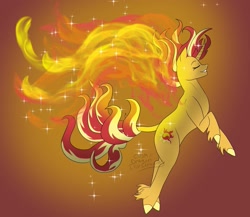 Size: 1301x1129 | Tagged: safe, artist:cosmicdragonkay, derpibooru import, sunset shimmer, classical unicorn, pony, unicorn, g4, cloven hooves, curved horn, eyes closed, female, fiery shimmer, horn, leonine tail, mane of fire, solo, sunset phoenix, unshorn fetlocks