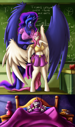 Size: 1038x1750 | Tagged: safe, artist:jamescorck, derpibooru import, part of a set, princess celestia, princess luna, alicorn, anthro, unguligrade anthro, age regression, alternate mane color, bad dream, bed, big breasts, breasts, chalkboard, cleavage, clothes, college, duo, duo female, female, freckles, midriff, one wing out, open mouth, pink-mane celestia, pinpoint eyes, princess balloona, princess breastia, role reversal, school, school uniform, short shirt, short skirt, skirt, smiling, underboob, waking up, wings